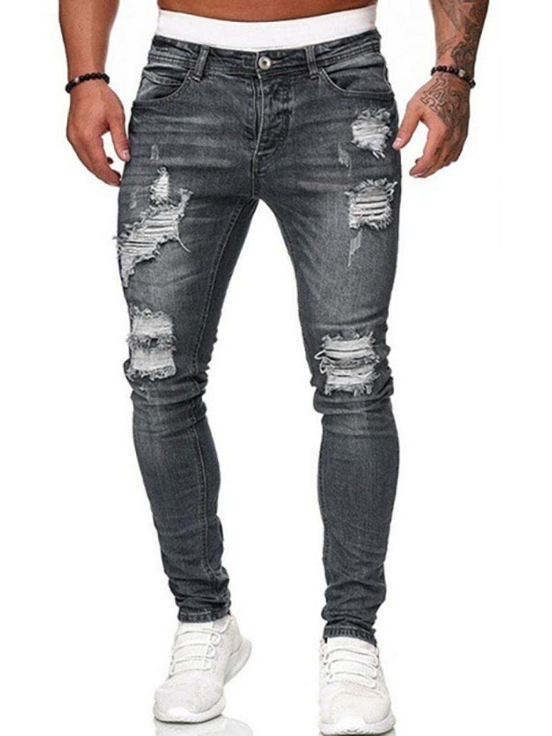 Jeans Masculinos Para Homens Chiques Angustiados Design Antigo Magro Profundo Azul - Cinza