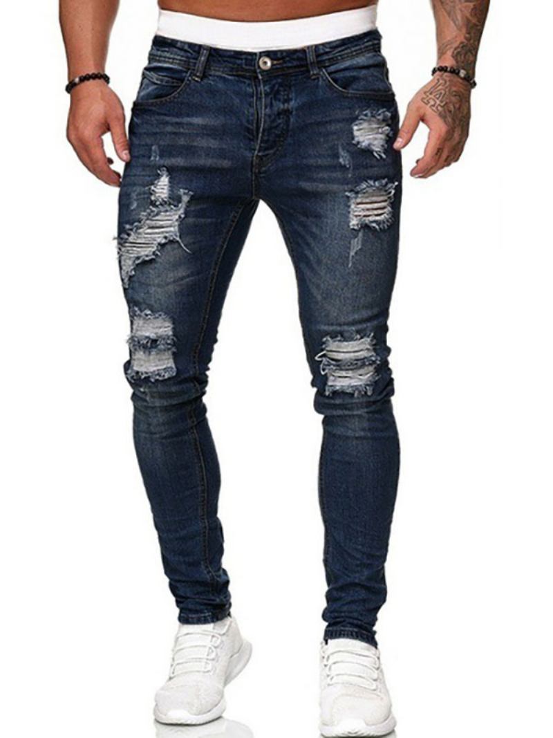 Jeans Masculinos Para Homens Chiques Angustiados Design Antigo Magro Profundo Azul - Azul