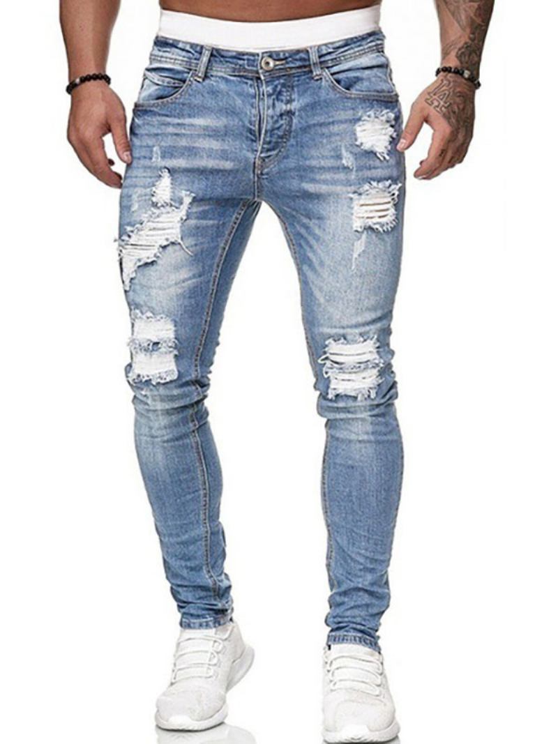 Jeans Masculinos Para Homens Chiques Angustiados Design Antigo Magro Profundo Azul - Azul Céu Claro