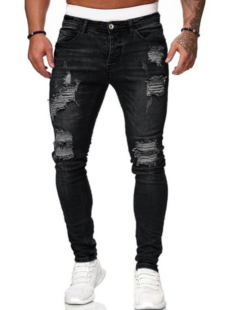 Jeans Masculinos Para Homens Chiques Angustiados Design Antigo Magro Profundo Azul - Preto