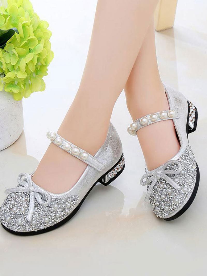 Meninas Glitter Bow Pearls Mary Jane Sapatos Menina Flor Flat