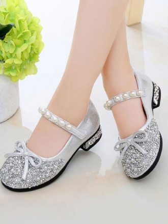 Meninas Glitter Bow Pearls Mary Jane Sapatos Menina Flor Flat