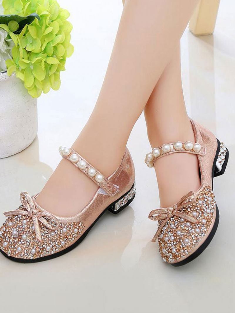 Meninas Glitter Bow Pearls Mary Jane Sapatos Menina Flor Flat - Rosa