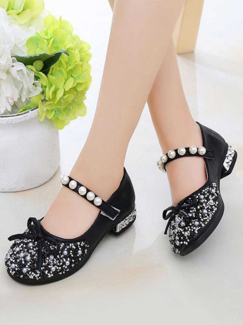 Meninas Glitter Bow Pearls Mary Jane Sapatos Menina Flor Flat - Preto