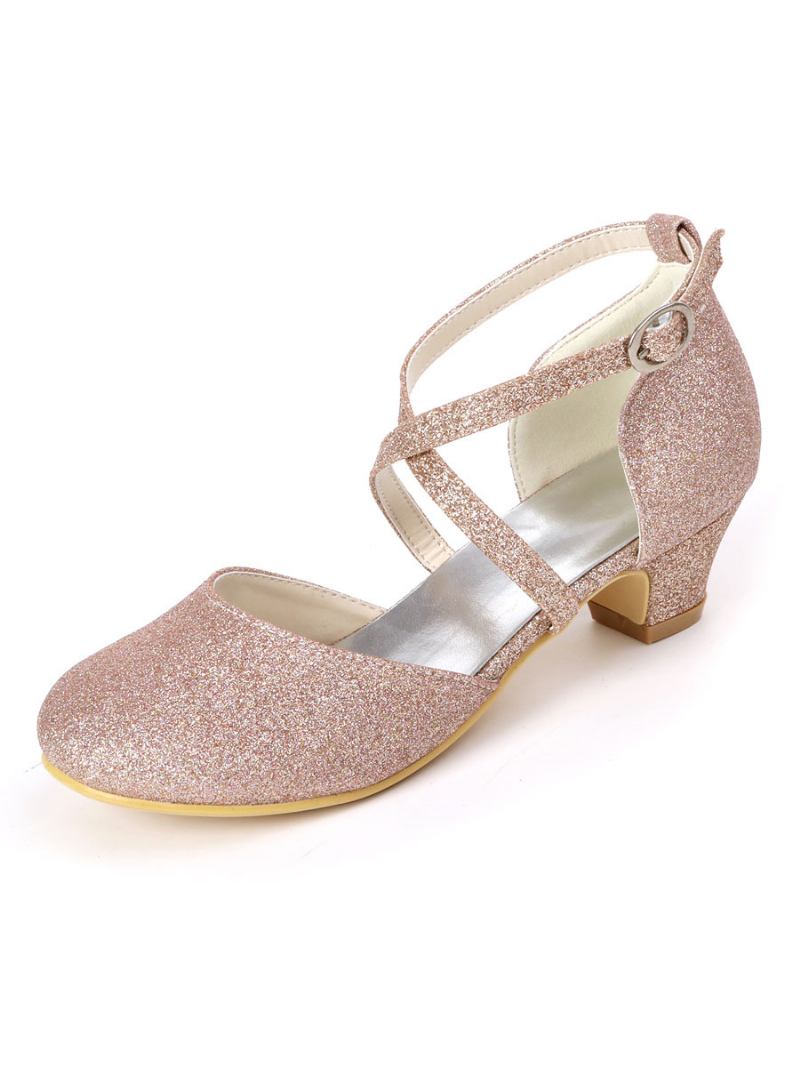 Meninas Glitter Cruz Cinta Gatinho Salto Flor Sapatos Menina - Champanhe