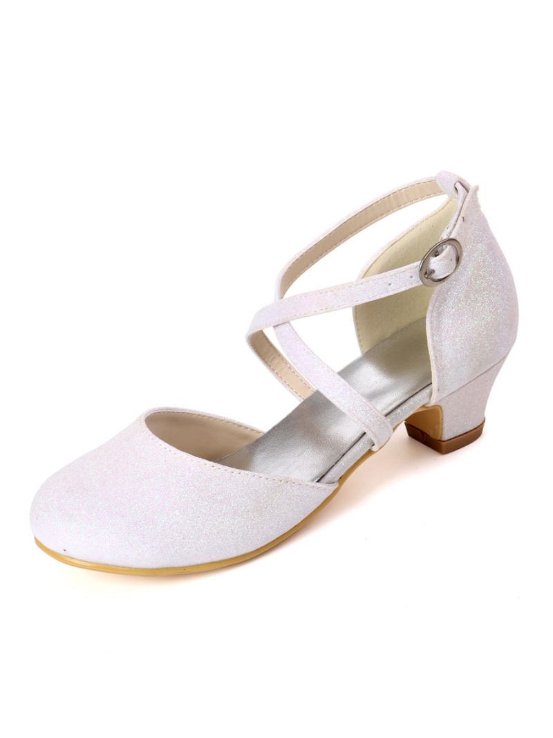 Meninas Glitter Cruz Cinta Gatinho Salto Flor Sapatos Menina - Branco