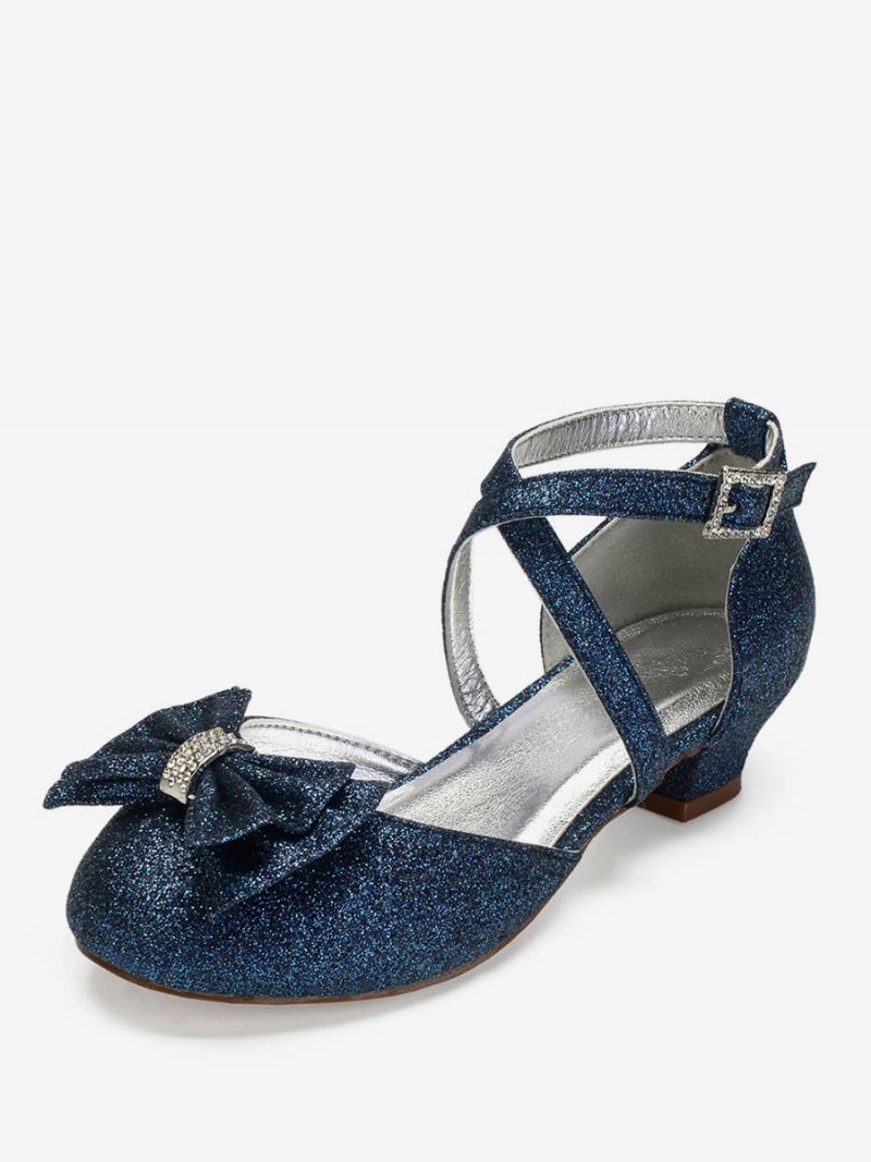 Sapatos Florista Casamento Com Arco Brilhante Para Meninas - Azul Profundo