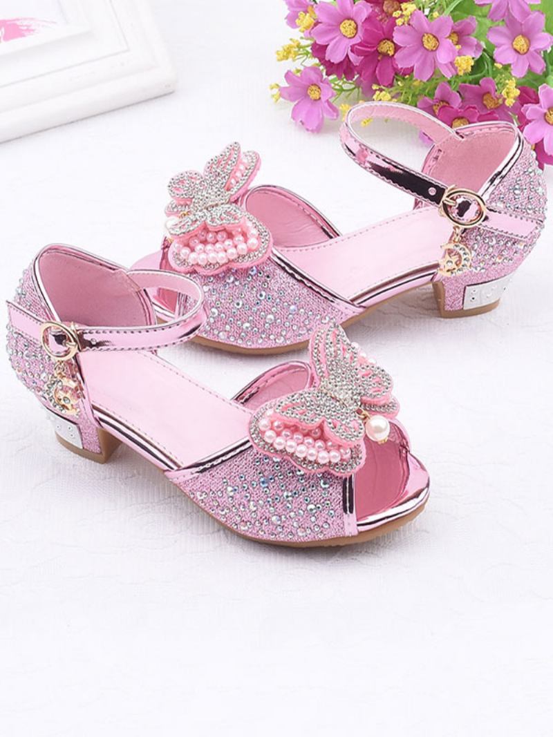 Sapatos Floristas Com Strass Borboleta Mary Jane Sandálias Salto Baixo - Rosa