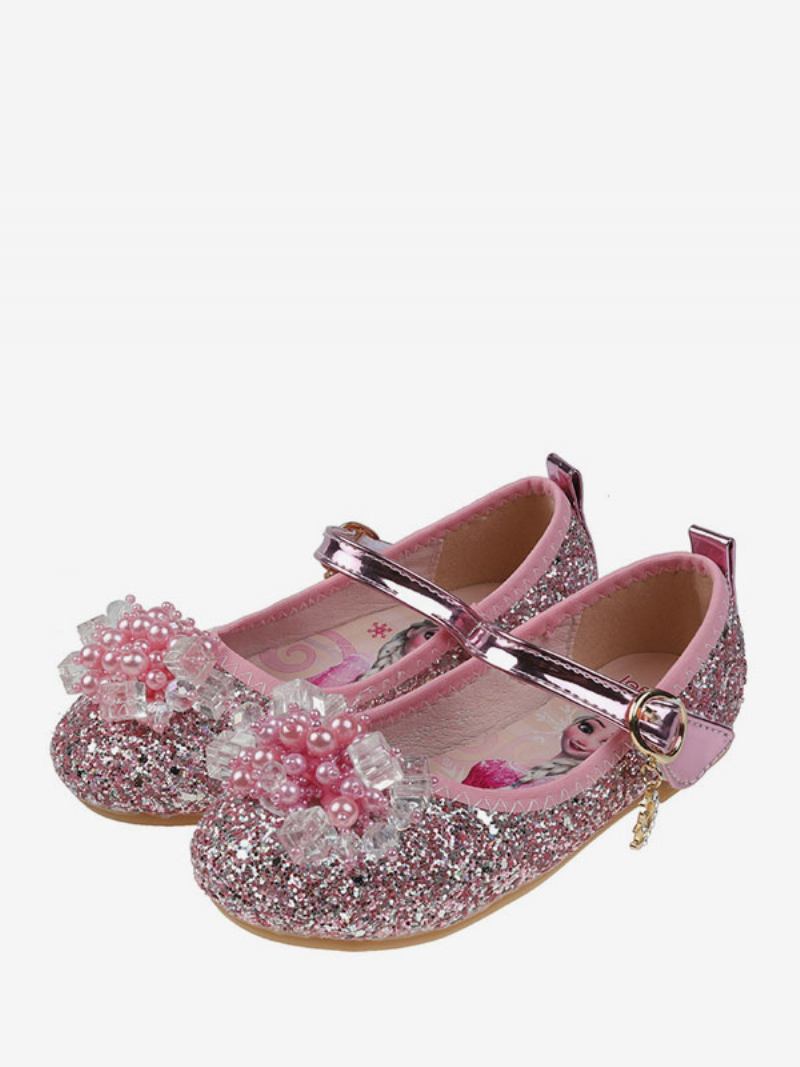 Sapatos Menina Flor Azul-petróleo Com Lantejoulas Pano Strass Festa Para Crianças - Rosa