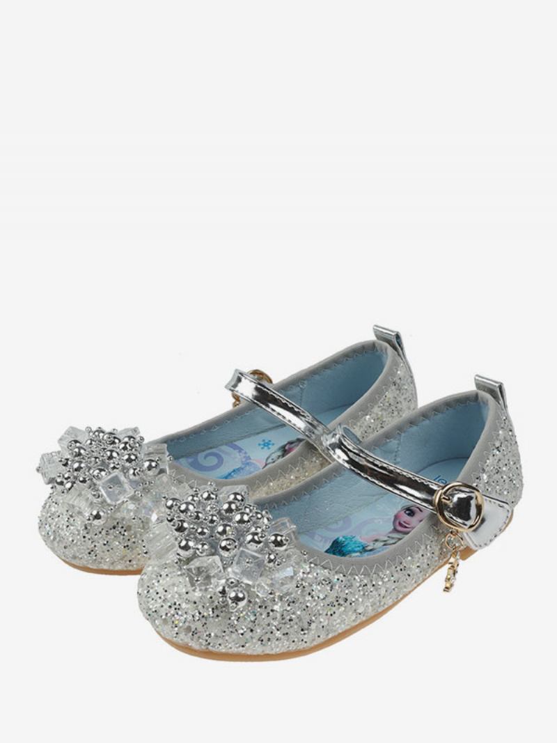 Sapatos Menina Flor Azul-petróleo Com Lantejoulas Pano Strass Festa Para Crianças - Prata