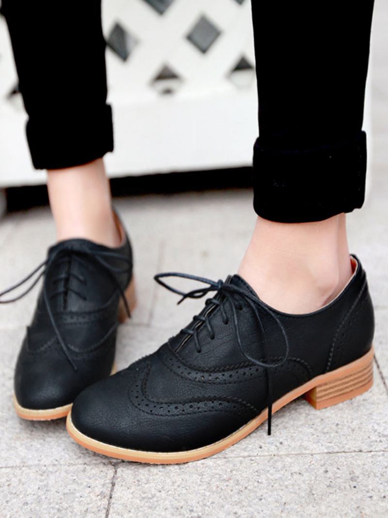 Brogues Femininos Marrons Com Cadarço Na Ponta Das Asas Oxfords Casuais - Preto