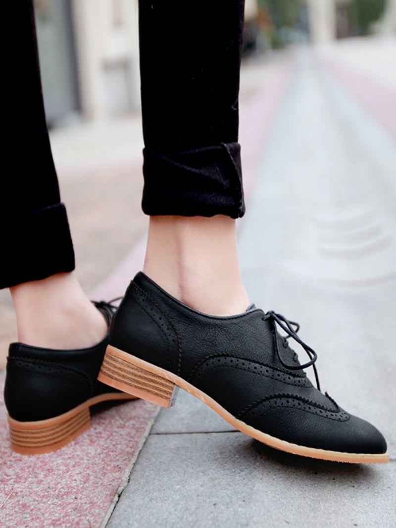 Brogues Femininos Marrons Com Cadarço Na Ponta Das Asas Oxfords Casuais - Preto