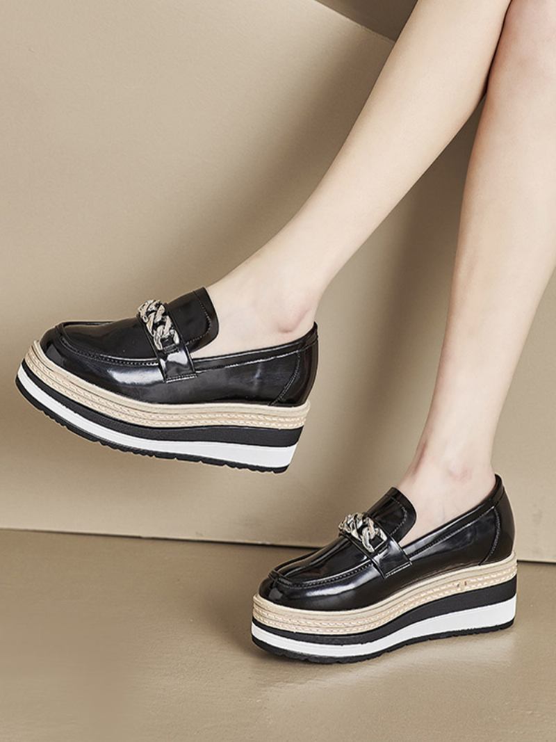 Detalhes Metal Feminino Com Bico Redondo E Salto Grosso Oxfords Couro Pu