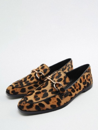 Mocassins Femininos Com Detalhes Metal E Estampa Leopardo Cabelo Liso Cavalo