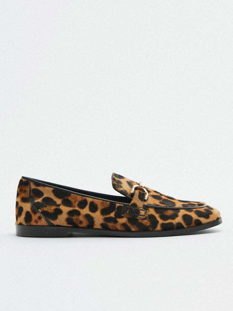 Mocassins Femininos Com Detalhes Metal E Estampa Leopardo Cabelo Liso Cavalo - Leopardo