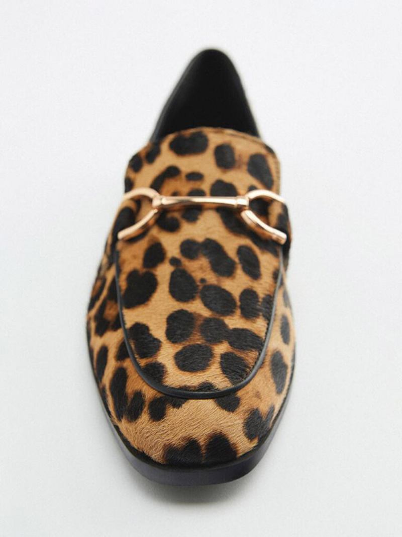 Mocassins Femininos Com Detalhes Metal E Estampa Leopardo Cabelo Liso Cavalo - Leopardo