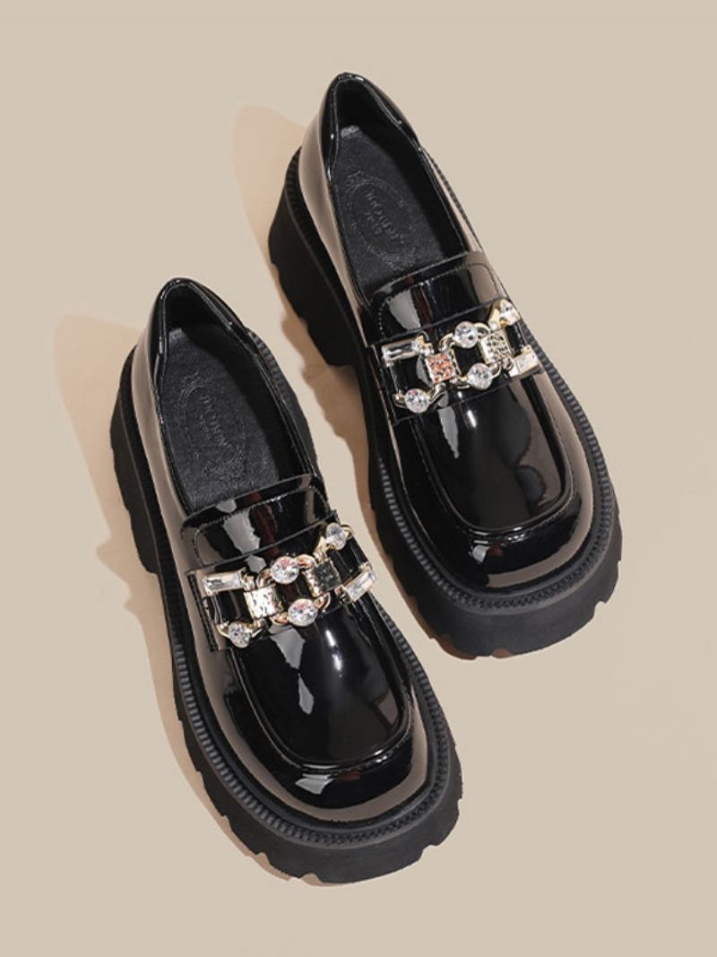 Mocassins Femininos Couro Pu Com Salto Grosso - Preto