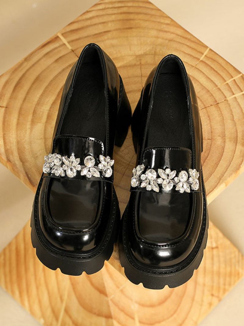 Mocassins Femininos Couro Pu Com Salto Grosso E Strass - Preto