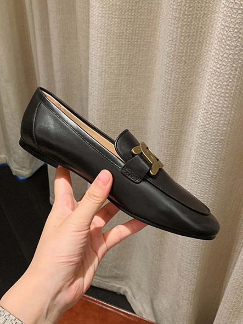 Mocassins Femininos Slip-on Brancos Com Bico Redondo E Sapatos Baixos - Preto