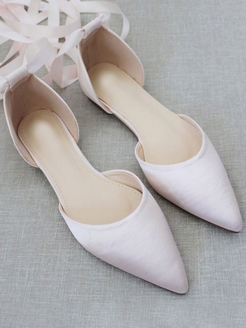 Mulheres Bailarinas Arcos Dedo Do Pé Apontado Cetim Rendas Até Eric Branco Ballet Flats - Rosa Claro