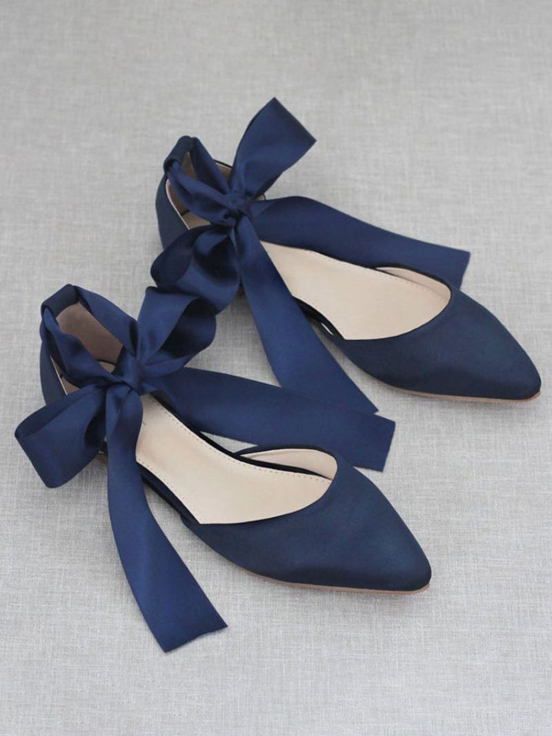 Mulheres Bailarinas Arcos Dedo Do Pé Apontado Cetim Rendas Até Eric Branco Ballet Flats - Azul