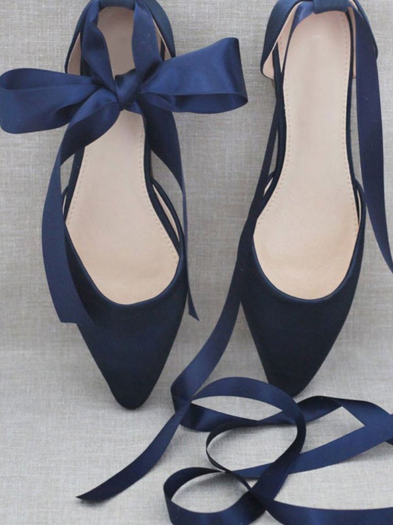 Mulheres Bailarinas Arcos Dedo Do Pé Apontado Cetim Rendas Até Eric Branco Ballet Flats - Azul