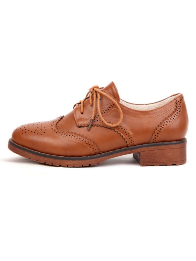 Oxfords Femininos Com Cadarço Brogue Wingtips - Café Marrom