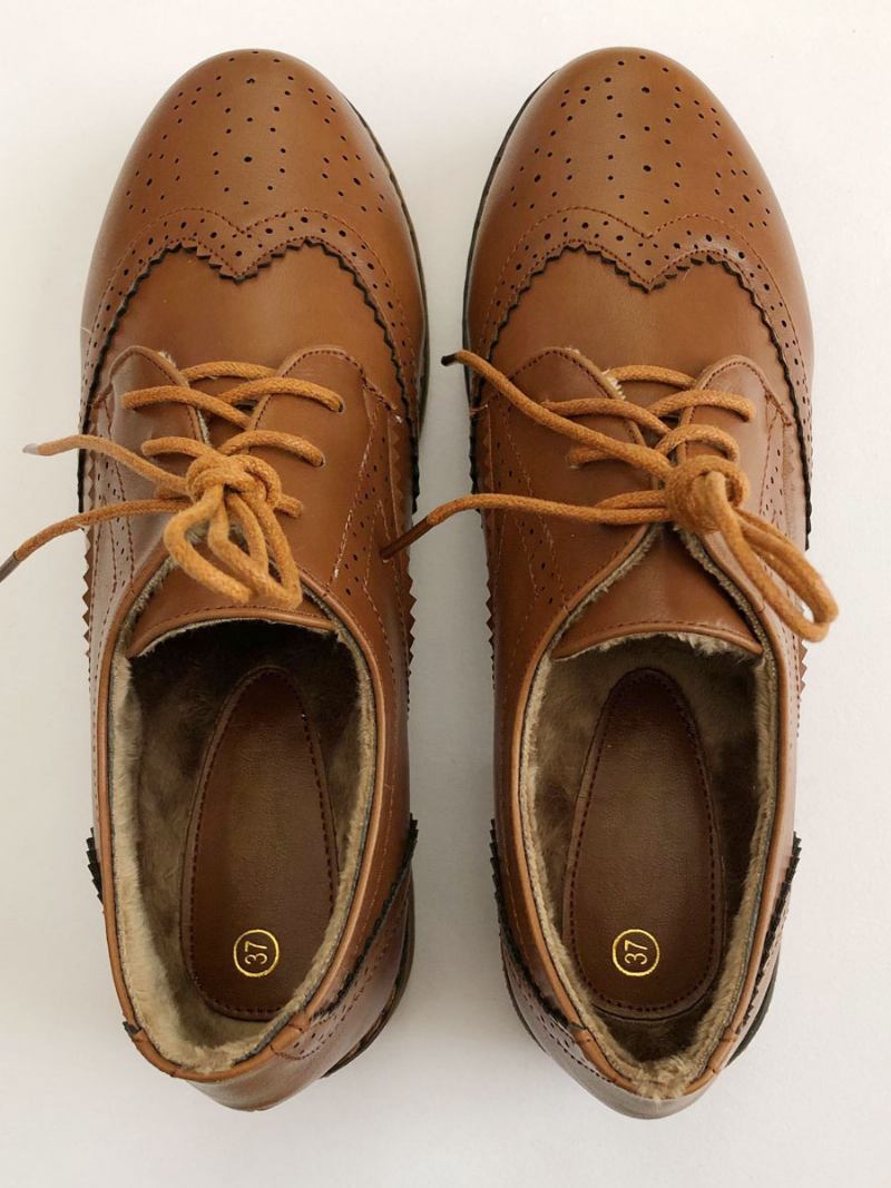 Oxfords Femininos Com Cadarço Brogue Wingtips - Café Marrom