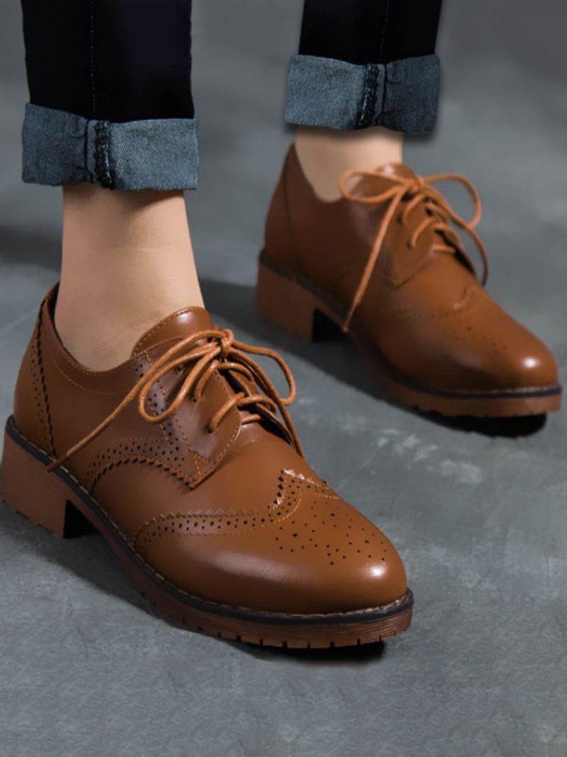 Oxfords Femininos Com Cadarço Brogue Wingtips - Café Marrom