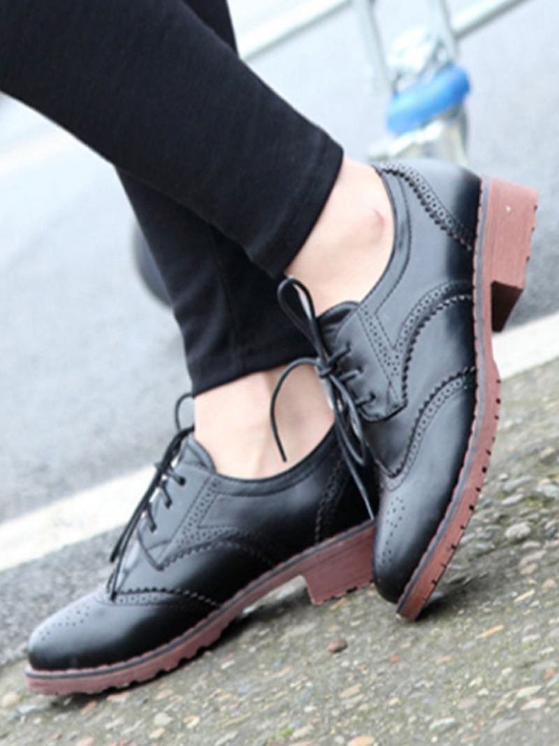 Oxfords Femininos Com Cadarço Brogue Wingtips - Preto