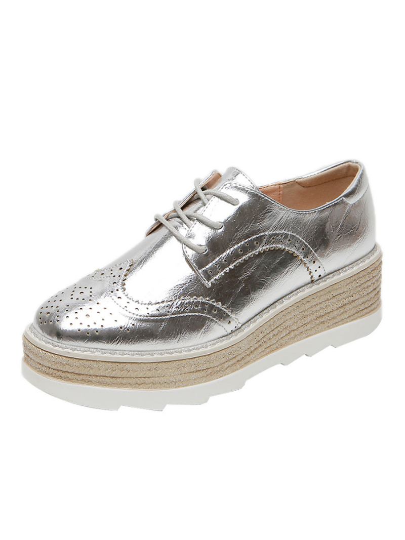 Oxfords Femininos Couro Pu Com Plataforma Redonda E Bico Redondo