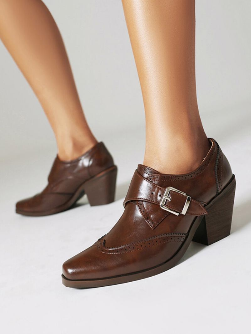 Oxfords Femininos Couro Pu Com Salto Grosso E Bico Quadrado - Café Marrom