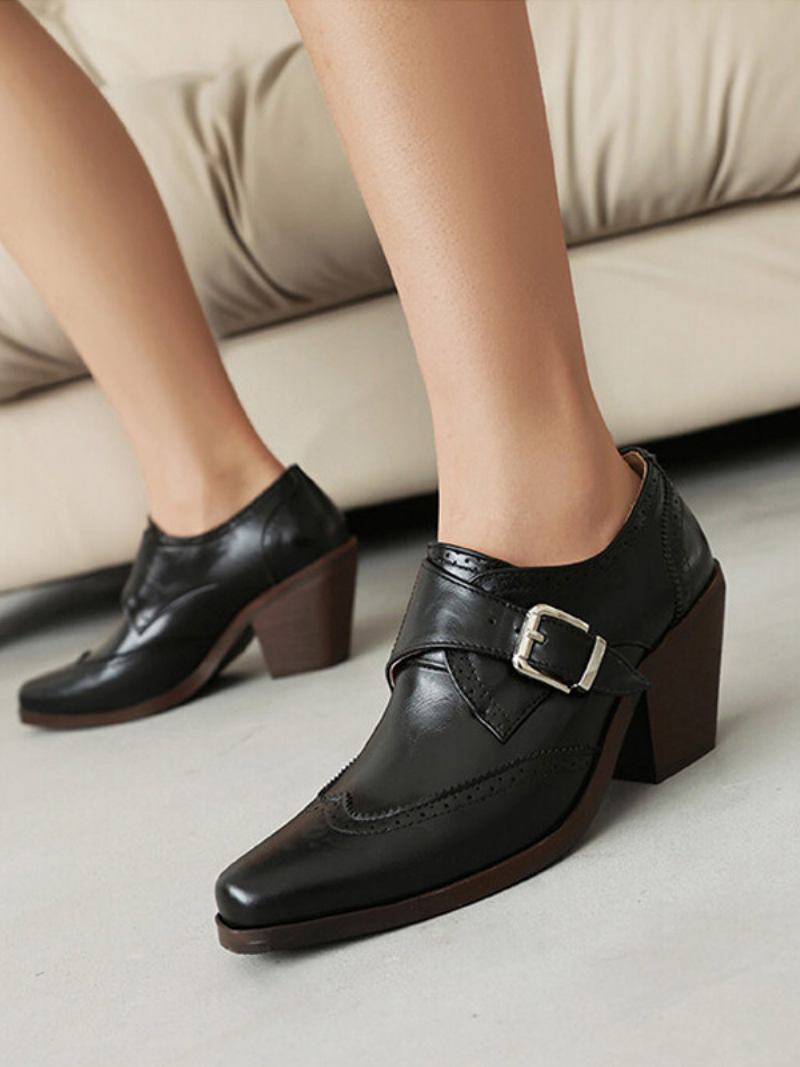 Oxfords Femininos Couro Pu Com Salto Grosso E Bico Quadrado - Preto