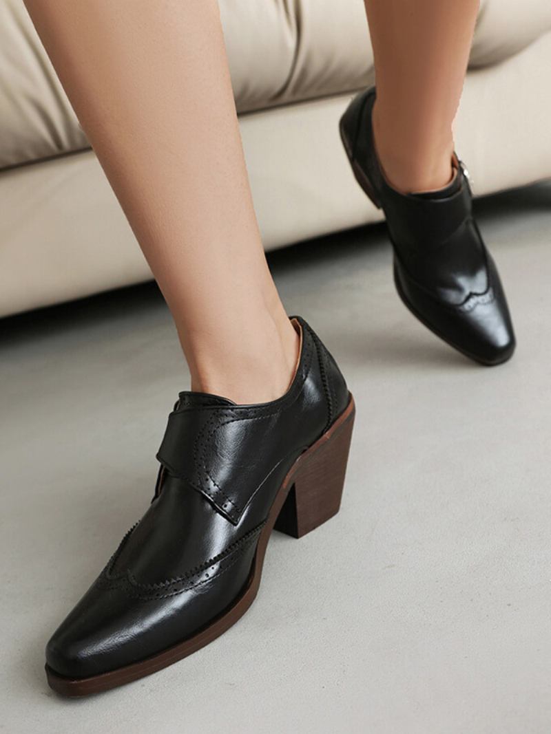 Oxfords Femininos Couro Pu Com Salto Grosso E Bico Quadrado - Preto