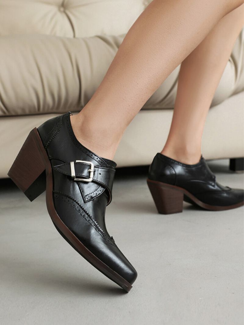 Oxfords Femininos Couro Pu Com Salto Grosso E Bico Quadrado - Preto