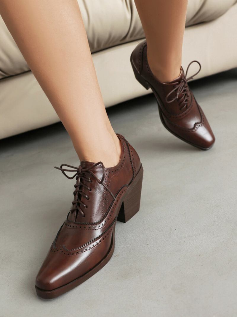 Oxfords Femininos Couro Pu Com Salto Grosso E Bico Quadrado - Café Marrom