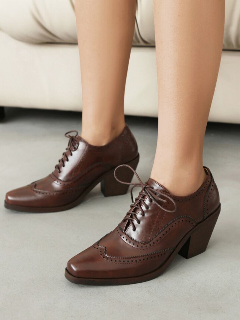 Oxfords Femininos Couro Pu Com Salto Grosso E Bico Quadrado - Café Marrom