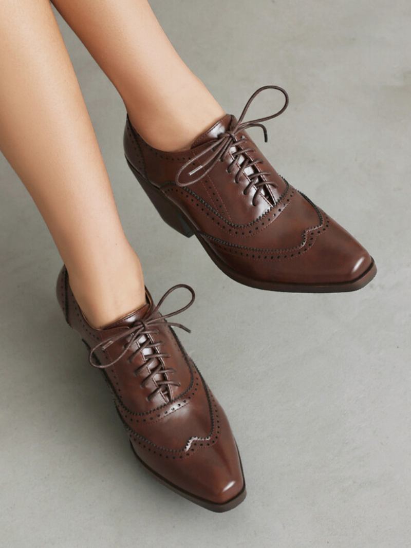 Oxfords Femininos Couro Pu Com Salto Grosso E Bico Quadrado - Café Marrom