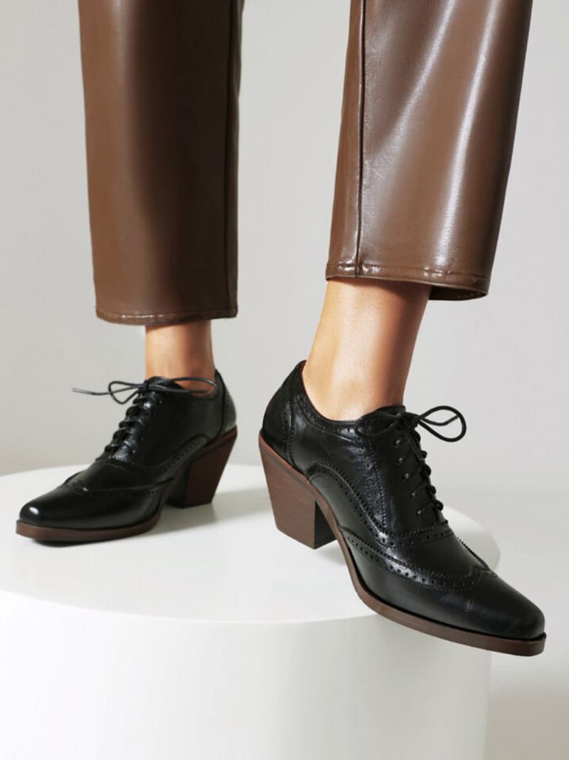 Oxfords Femininos Couro Pu Com Salto Grosso E Bico Quadrado - Preto