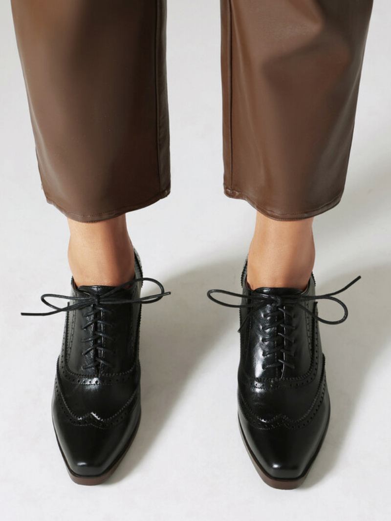 Oxfords Femininos Couro Pu Com Salto Grosso E Bico Quadrado - Preto