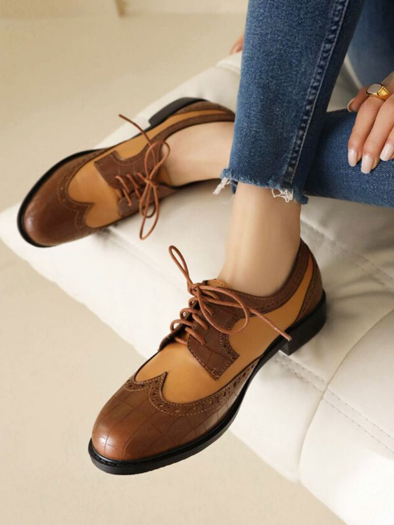 Oxfords Femininos Couro Pu Com Salto Redondo E Cachorrinho