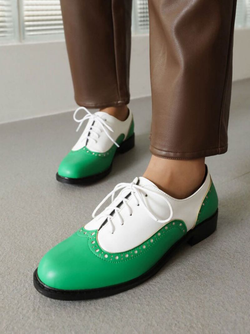 Oxfords Femininos Couro Pu Com Salto Redondo E Cachorrinho - Verde