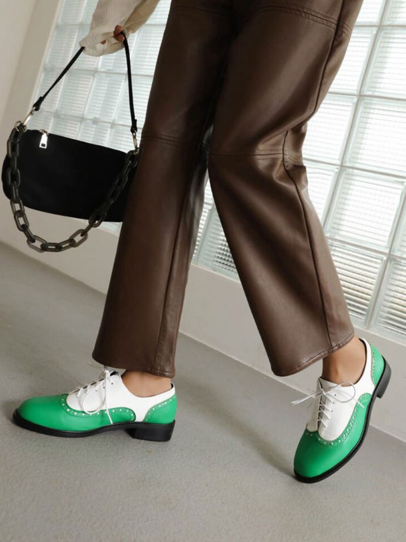 Oxfords Femininos Couro Pu Com Salto Redondo E Cachorrinho - Verde