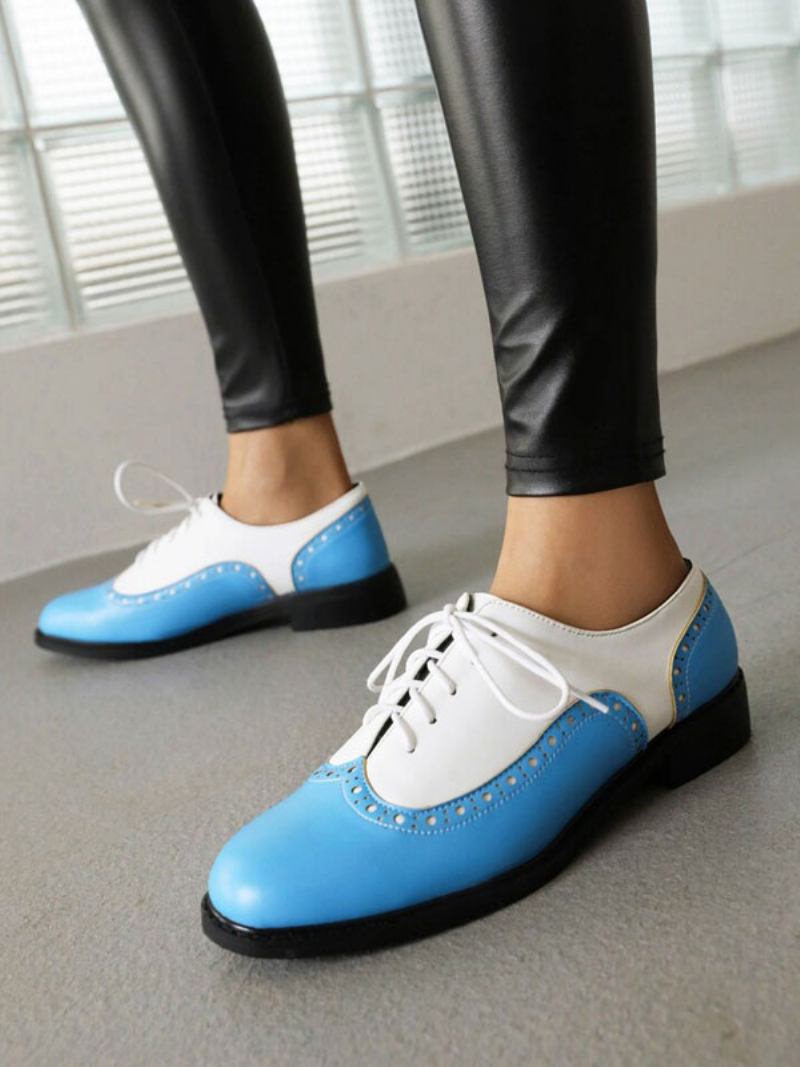 Oxfords Femininos Couro Pu Com Salto Redondo E Cachorrinho - Azul