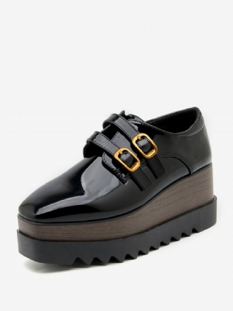 Oxfords Femininos Pretos Com Bico Quadrado E Fivela Salto Em Cunha Sapatos Oxford