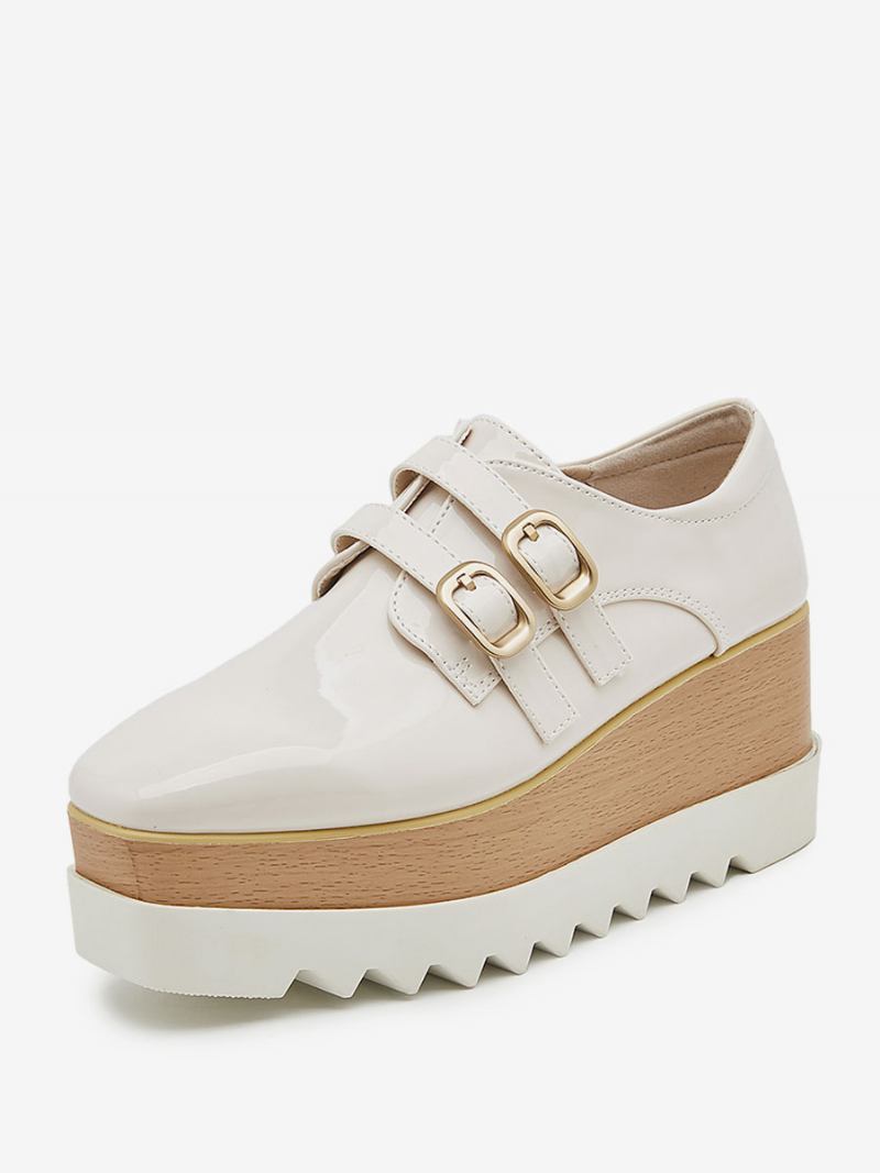 Oxfords Femininos Pretos Com Bico Quadrado E Fivela Salto Em Cunha Sapatos Oxford - Amarelo Claro