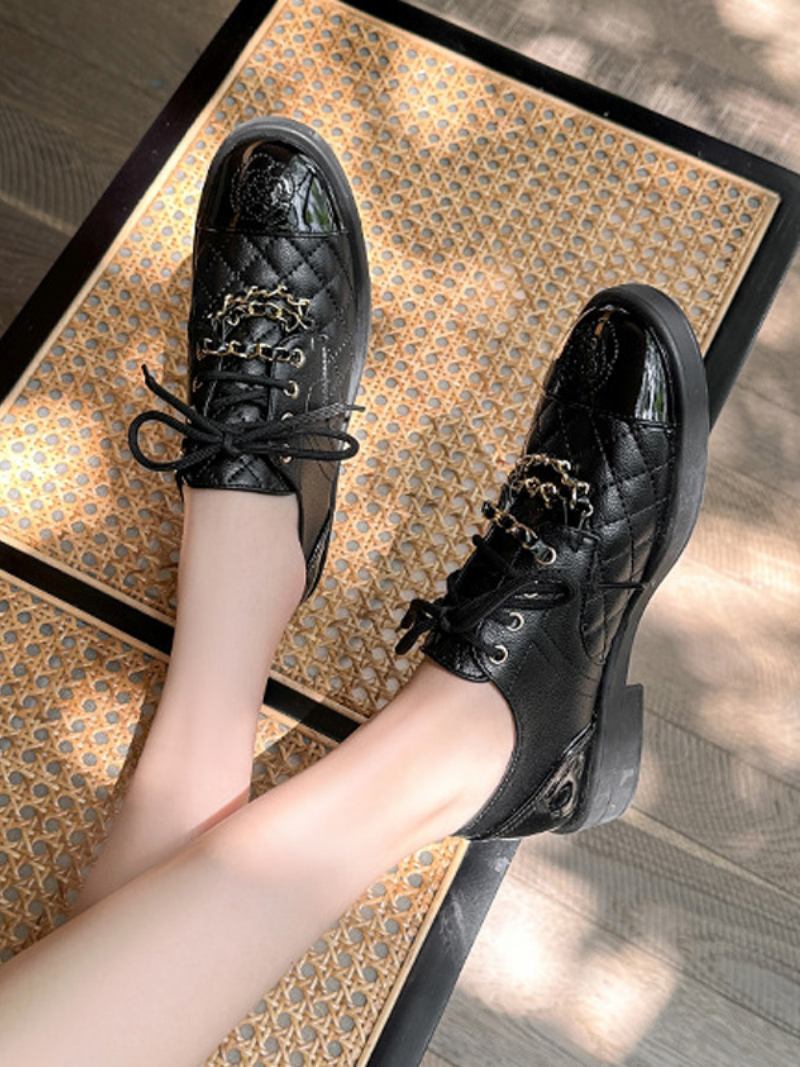 Oxfords Femininos Pretos Com Bico Redondo E Salto Cachorrinho Cadarço Sapatos Casuais - Preto