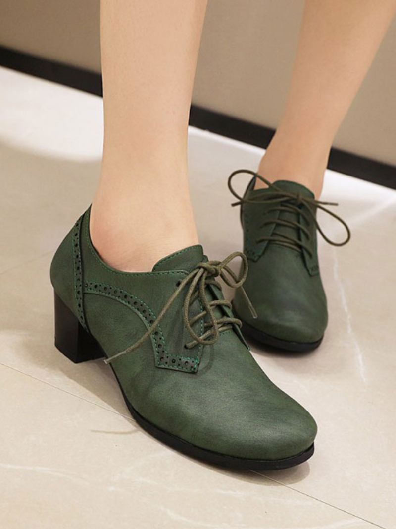 Salto Bloco Brogues Feminino Com Cadarço - Verde Escuro