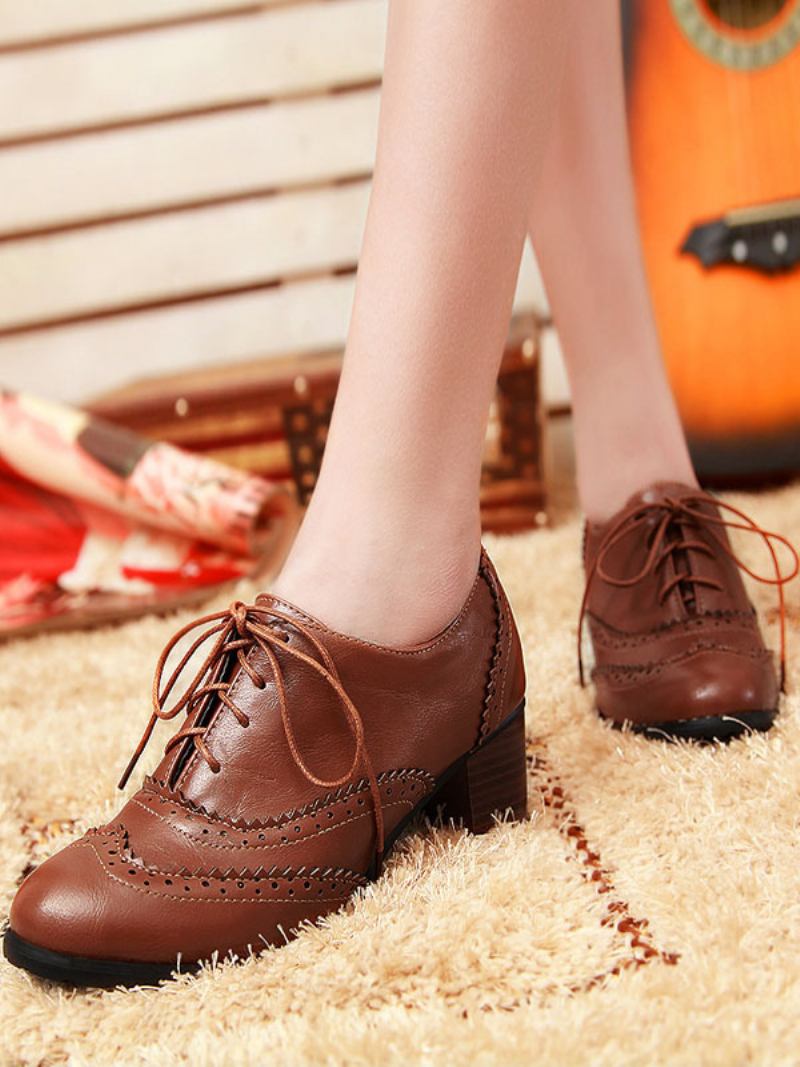 Salto Bloco Brogues Feminino Com Cadarço - Café Marrom