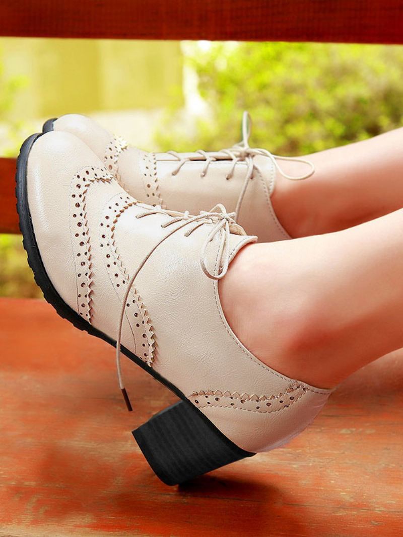 Salto Bloco Brogues Feminino Com Cadarço - Bege